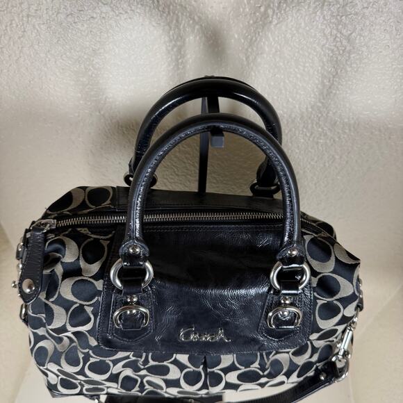 Coach Ashley Signature Sateen Large Satchel handbag F15443 in black and taupe. - Picture 12 of 16